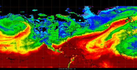 Layered precipitable water imagery of a particularly strong atmospheric river stretching from the Caribbean to the United Kingdom on 5 December 2015, caused by Storm Desmond. Credit: The National Weather Service Ocean Prediction Center